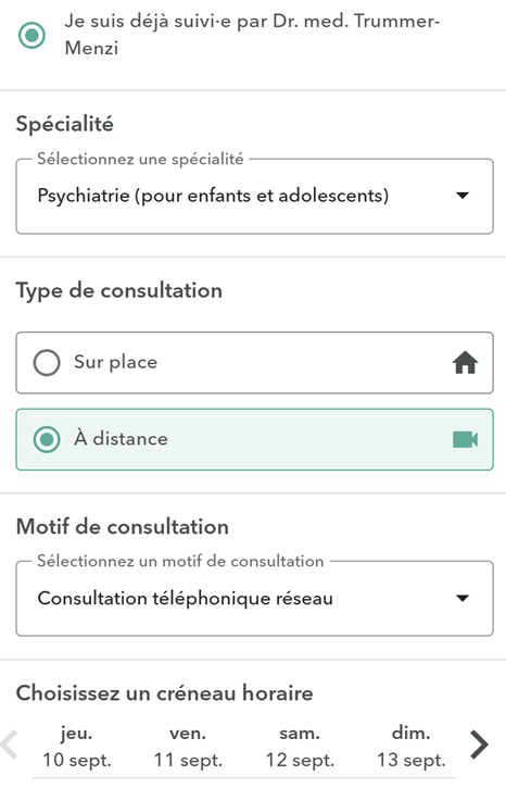 The image shows a consultation scheduling interface for Dr. med. Trummer, offering services such as in-person and telephone consultations, with a selection of dates and times available.

Le contenu généré par l’IA peut être incorrect.