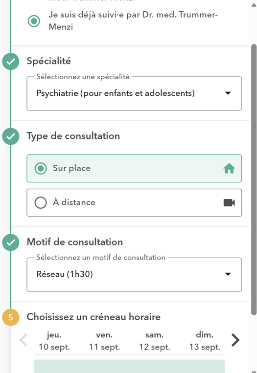 The image shows a doctor's consultation form with options to select specialties, consultation types, and scheduling for child psychiatry.

Le contenu généré par l’IA peut être incorrect.